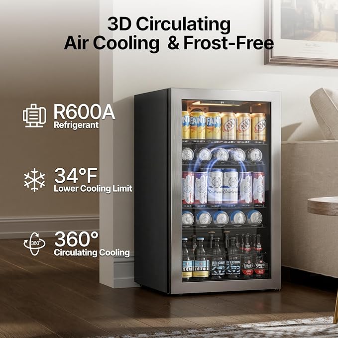 Ca'Lefort 130 Cans Beverage Cooler Mini Fridge, Beverage Refrigerator with Reversible Glass Door, Adjustable Shelves for Soda, Beer & Wine, Digital Temperature Control for Home, Office, Bar or Dorm