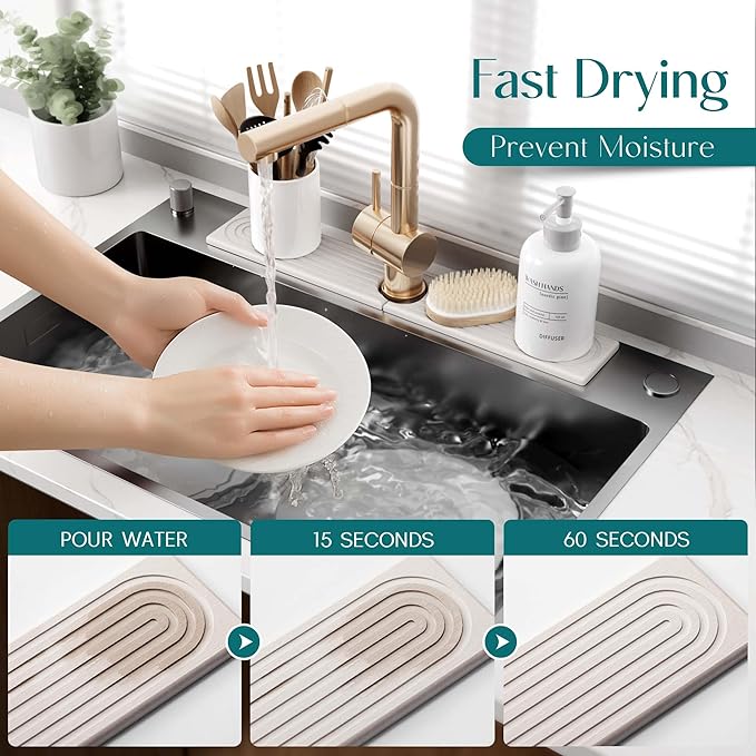 Faucet Mat for Kitchen Sink – Diatomite Drying Stone Mat & Sink Protector, Prevent Moisture – Sink Splash Guard Water-Absorbing Stone Tray for Bathroom Counter [Light Grey,23.6" x 3.9"]