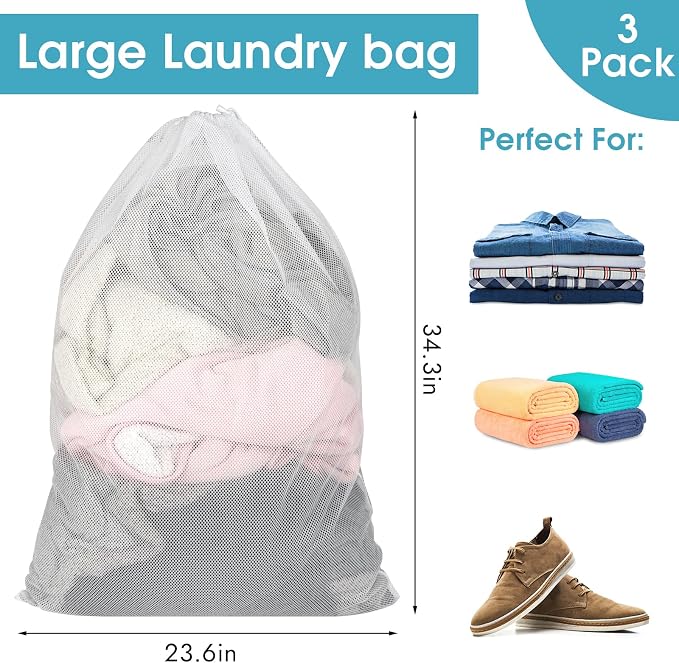 3 Pack Mesh Laundry Bags 23x34 Inch Drawstring Locking - Image 2