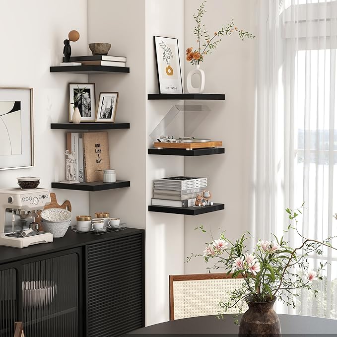 Square Floating Shelves for Wall 12"W x 12"D x 1.2"H, Small Engineered Wood Wall Shelves with Invisible Brackets for Living Room Bedroom Bathroom Office Kitchen Storage Decor, Black Finish, Set of 3