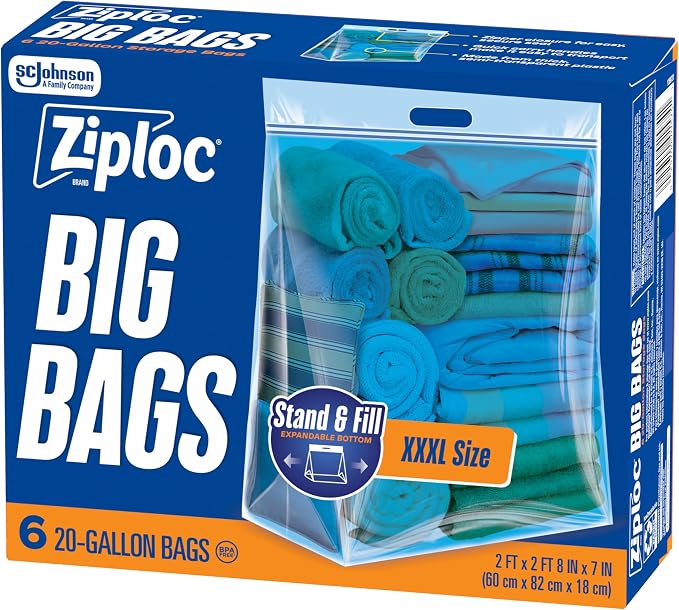 Ziploc Big Bags 20 Gallon XXXL, Reusable Large-Capacity Plastic Storage Bags by Unknown