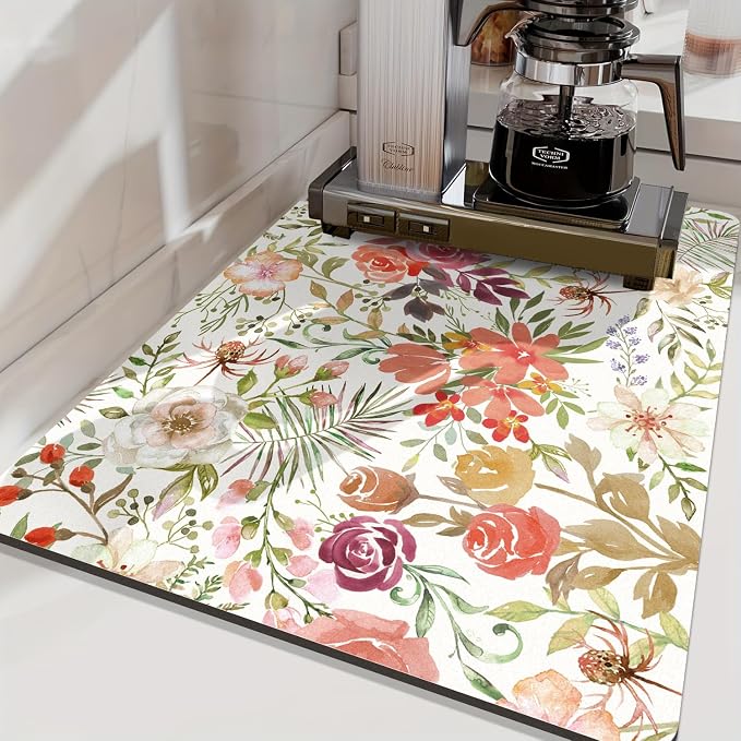 LOKHOM 18"x24" Dish Drying Mat，Pink Floral Coffee Mat | Pink Roses Petals Prints - Image 7
