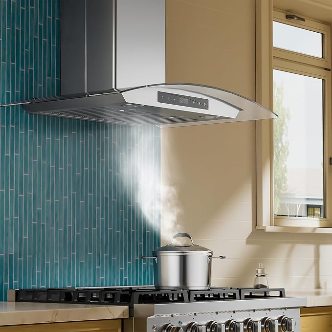 Empava Wall Mount Range Hood 30 Inch, Ducted/Ductless Kitchen Exhaust Stove Vent with Modern Style, 400CFM, 3-Speed, Touch Control, Timer, LED Lights, Stainless Steel (Charcoal-Filter Sold Separately)