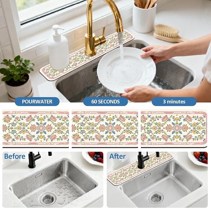2Pcs Bohemian Floral Kitchen Sink Splash Guard Faucet Mat Vintage Pattern - Image 5