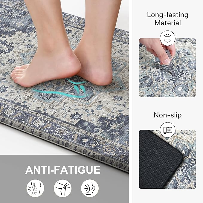 GENIMO Kitchen Mats for Floor 2PCs, Washable Anti Fatigue Mat for Cushioned, 17.3"x47"+17.3"x30", Waterproof Kitchen Rugs, Non Slip Comfort Standing Mat Rug for Home, Sink, Laundry, Center Blue