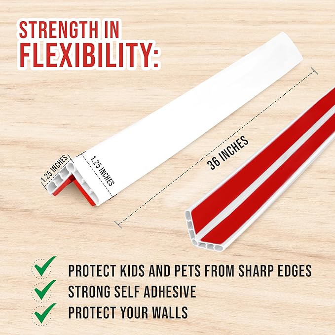 Rubber Bond Wall Corner Guard Edge Protector, 1x1x36 inch Baby Proofing Corner Guards | Self-Adhesive Furniture Edge Strips for Home & Office (5 Pack, White)