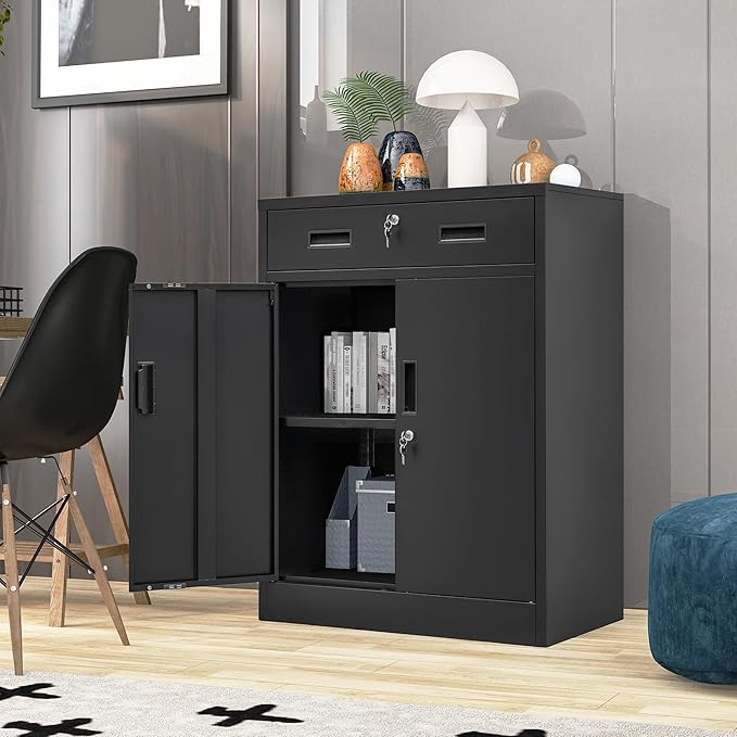 CJF Metal Storage Cabinet, Locking Storage Cabinet with Doors and 1 Drawer, 36" H x 28" W x 16" D Metal Cabinets for Office/Home/Garage -Black