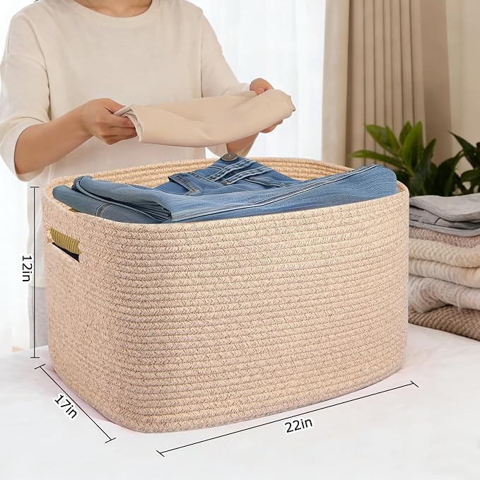 Large 75L Woven Laundry Basket, Collapsible Cotton Rope Storage Hamper - Image 2