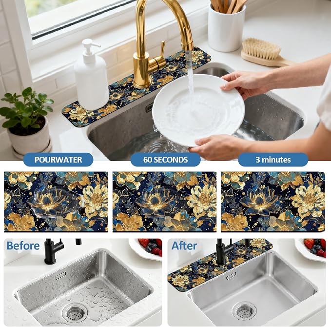 2 Pcs Blue Gold Foil Flower Kitchen Sink Splash Guard Faucet Mat Psychedelic - Image 5