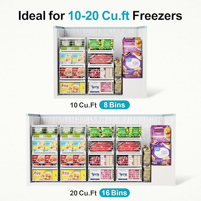 iSPECLE 4 Pack Freezer Organizer Bins, Adjustable Wire Baskets for 10 to 20 Cu.Ft Chest Freezer, Stackable Storage with Handles, Deep Freeze Organizer for Meat & Vegetables, White