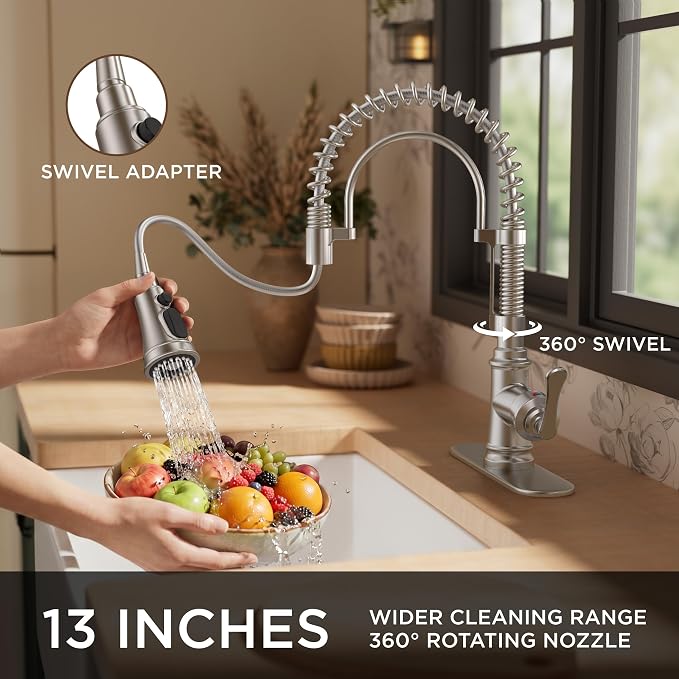 FORIOUS Kitchen Faucet with Pull Down Sprayer, Atique Style, Brushed Nickel | - Image 4