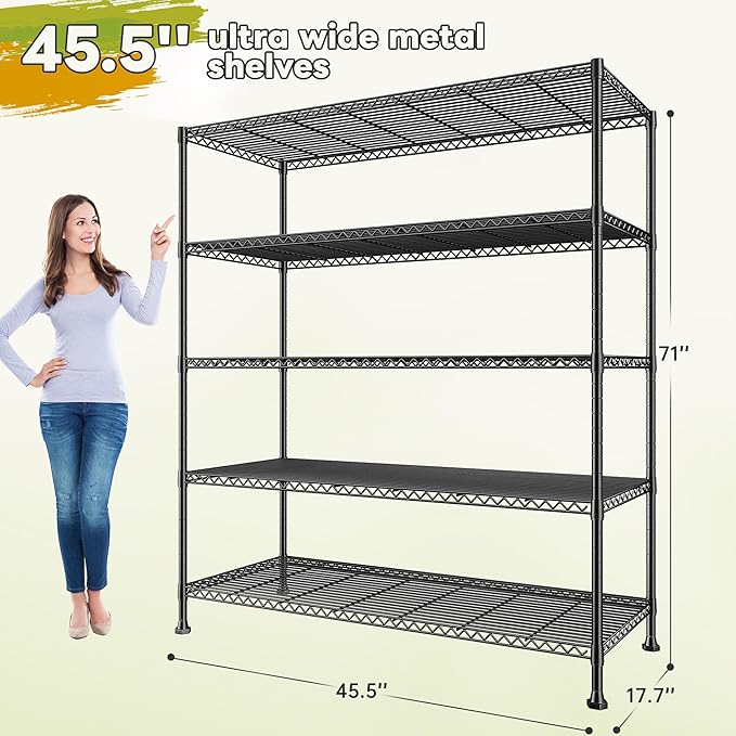REIBII 45.5''W Storage Shelves Wire Shelving, 5 Tier Pantry Shelves for Storage Rack, Adjustable Metal Shelving for Pantry Kitchen Steel Shelving, 45.5" W x 71" H x 17.7" D, 2 Pack