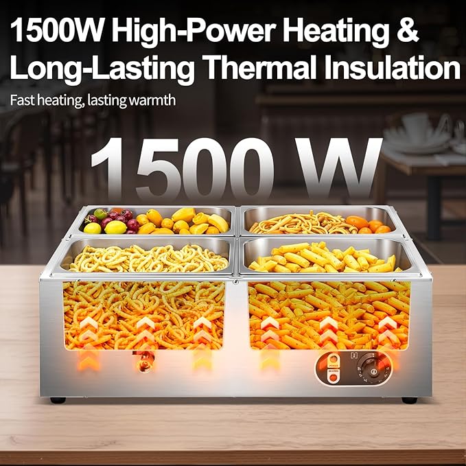 Commercial Food Warmer 48 Qt Stainless Steel Steam Table Countertop Buffet Warmer, 4-Pan 1500W Electric Bain Marie Food Warmer with Adjustable Temperature for Restaurants, Catering, Hotels
