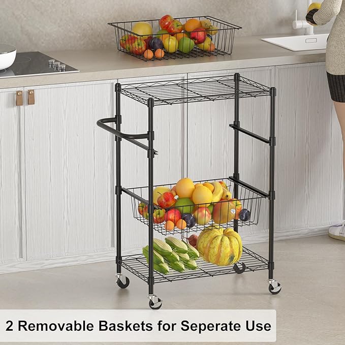4-Tier Rolling Storage Cart with Adjustable Shelves & Baskets, Metal Utility Cart with 110lbs Capacity, Tool-Free Assembly for Kitchen, Bathroom, Living Room, Office, Black