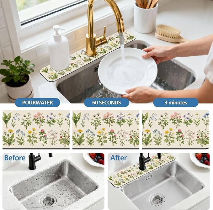 2 Pcs Flowers and Plants Kitchen Sink Splash Guard Faucet Mat - Image 5