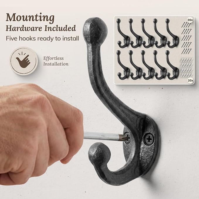 Rustic Cast Iron Coat Hooks Wall Mounted Farmhouse Decorative Wall Hooks - Image 7