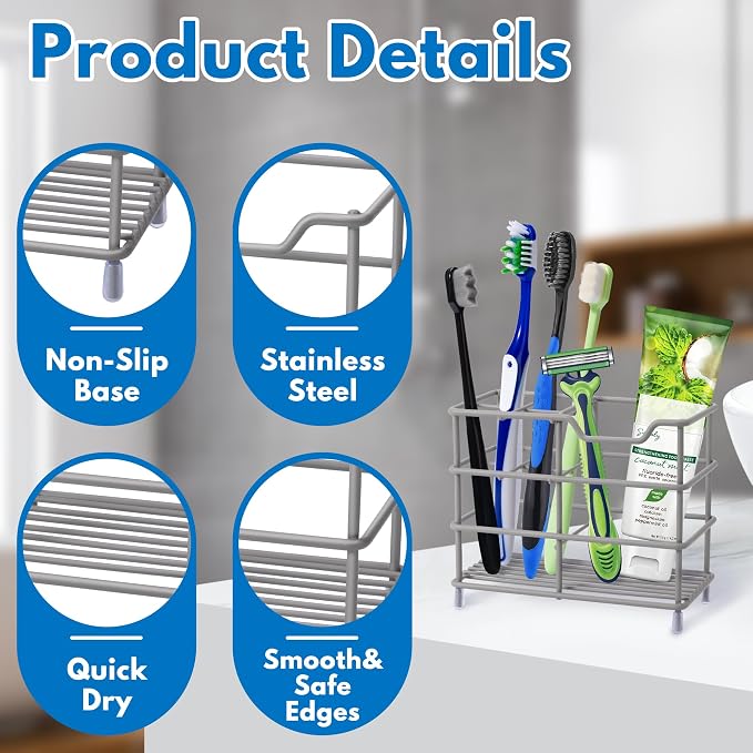 Toothbrush Holders for Bathrooms 304 Stainless Steel Quick Drying Grey | - Image 7