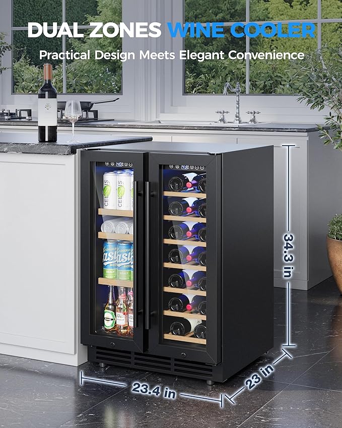 Wine and Beverage Refrigerator, 24 Inch Built-In Wine Fridge with Glass Door, Holds 20 Wine Bottles & 60 Cans, Under Counter Refrigerator with Quiet Cooling System & Blue LED Light(Black)