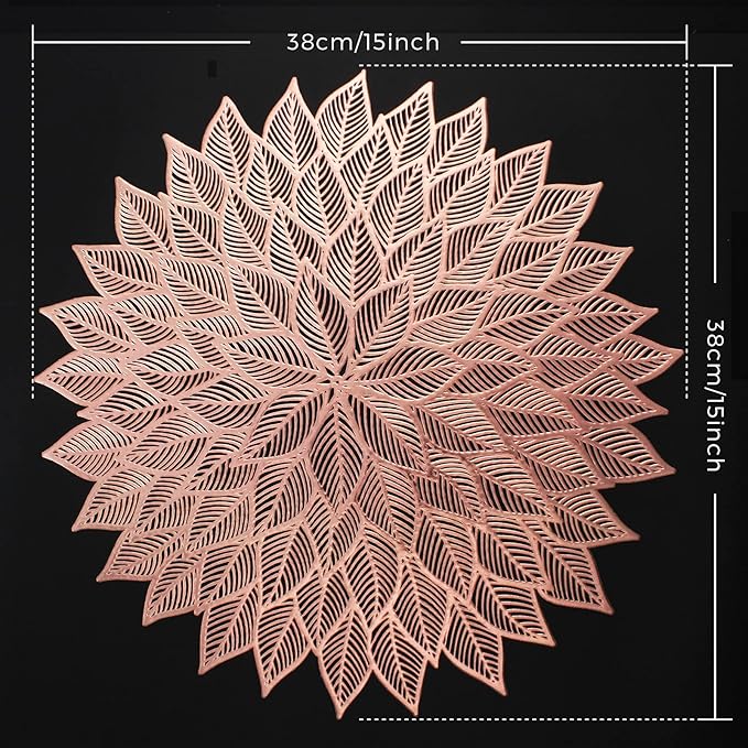 Placemats Set of 6, Round Hollow Out Flowers Place Mats for Dining Table Pressed Vinyl Blooming Leaf Table Mats for Holiday Party Wedding Accent Centerpiece Dinner Table Decoration (Rose Gold)