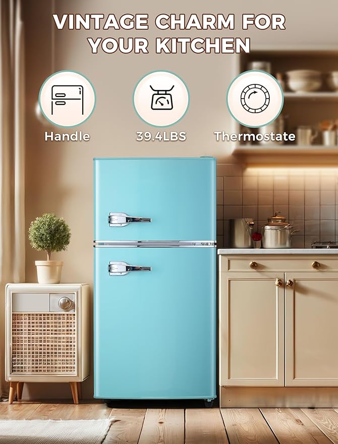 3.2 Cu.Ft Fridge with Freezer, Double Door Refrigerator with 7 Level Thermostat, LED Light, Adjustable Shelves, Food Storage Cooling Drink for Bedroom, Office, Dorm, Apartment, Blue