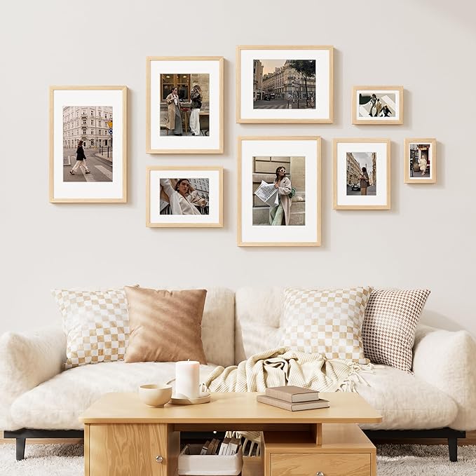 Vittanly 12x16 Picture Frame Set of 2, Solid Wood Frame for Wall Art Photo and Prints, Display Photo 8.5x11 with Mat or 12x16 without Mat, Natural