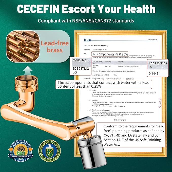 Patented CECEFIN Swivel Faucet Extender Sink Aerator NSF/ANSI 372 Standard | - Image 2