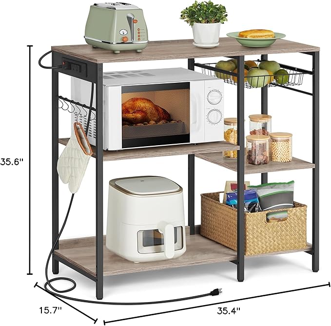 VASAGLE Baker's Rack, Coffee Bar Stand with Charging Station, 35.6 Inches Tall, Storage Shelves, Pull-Out Wire Basket, Table for Microwave, Kitchen, Heather Greige and Ink Black UKKS036K02