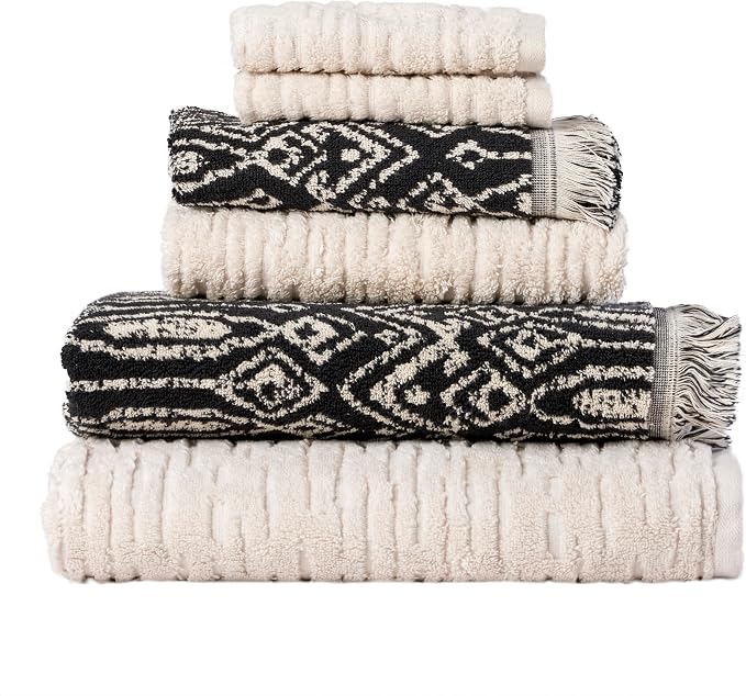 SKL Home CloudSoft/Nador Bath Towel Set-6pc, 100% Cotton, Oatmeal/Black | 2 by SKLHomebySaturdayKnightLtd