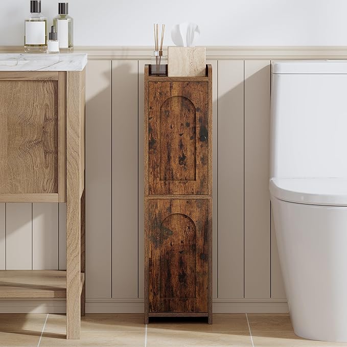 Bathroom Storage Cabinet, Small Corner Floor Cabinet with 2 Doors and Adjustable Shelf, Narrow Toilet Paper Cabinets, Bathroom Organizer for Small Spaces, 7.9"D x 7.9"W x 29.5"H Rustic Brown