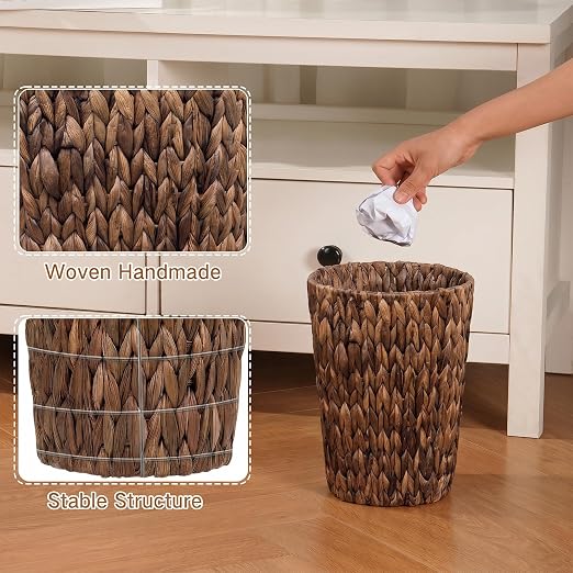 iEGrow 2 Pack Brown Wicker Trash Can, Small Bathroom Trash Can, 2 Gallon Woven - Image 4