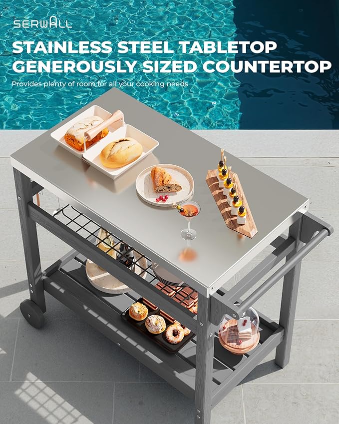 SERWALL Outdoor Grill Cart Pizza Oven Stand Trolley Table with Wheels Three-Shelf Movable Food Prep and Work Table, Grey