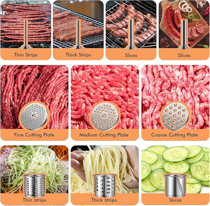 #8 Meat Grinder, 3200W Max Electric Heavy Duty Sausage Stuff, Rotary Cheese Grater with 3 Interchangeable Blades, 2 Blades, 3 Plates, 4 Sausage Tubes, Kibbe, Burger Press & Meat Claws