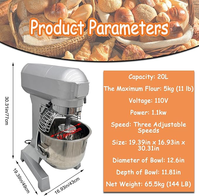 30QT Commercial Dough Kneading Mixer 3-Speed Adjustable Heavy Duty Stand Mixer 110V 1.25KW Electric Dough Kneading Machine with 3 Types of Mixing Tools and Stop-on-Open Lid