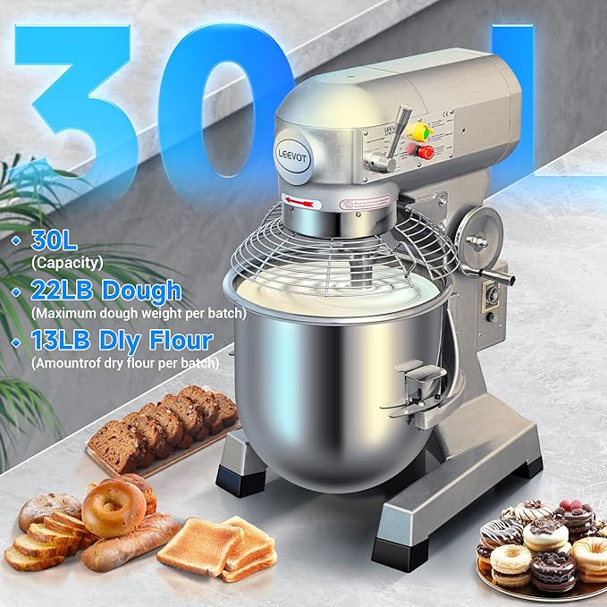 30Qt Commercial Food Mixer with Timing Function,1250W Commercial Stand mixer 3-Speed Adjustable,Electric Heavy Duty Dough Mixer with Stainless Steel Bowl for Bakery Pizzeria