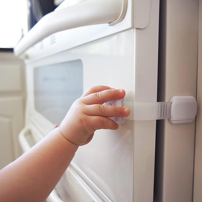 Child Safety Cabinet Locks (2 Pack) – Adjustable Baby Proofing Strap Latches with Strong 3M Adhesive – No Drill Childproof Locks for Drawers, Cabinets, Fridge, Door, Closet, White