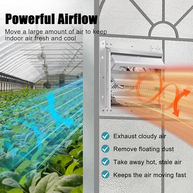 Criditpid 14 Inch Shutter Exhaust Fan, 1088 CFM Wall Mounted Attic Fan, Greenhouse Fan with Speed Controller and Thermostat for Garages, Warehouse, Shed, Basement, Chicken Coops Ventilation, 1450 RPM