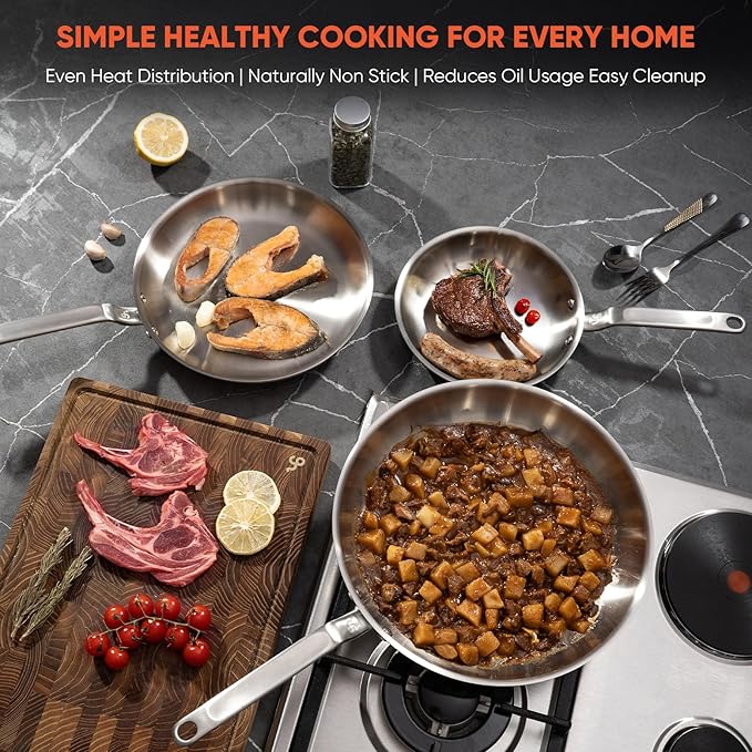 12 Inch Stainless Steel Frying Pan - 5 Ply Stainless Clad Skillet with Aluminum Core, Durable and Even Heating, Professional Cookware for Induction, All Stoves, Oven and Dishwasher Safe