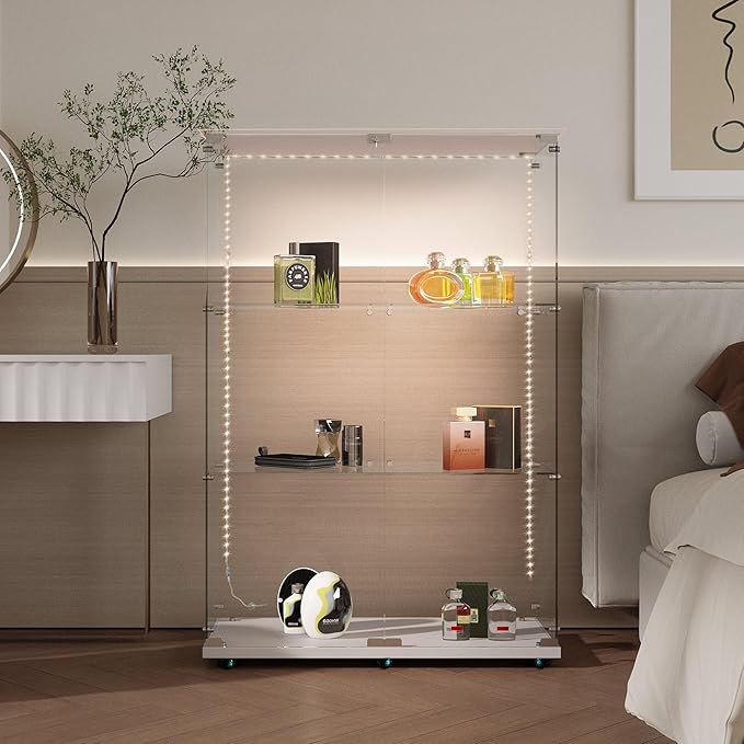 Yoluckea 3 Tiers Glass Display Cabinet with Bluetooth LED Light Strip, 2 Doors Floor Standing Curio Cabinet with Universal Wheel for Home, White Glass Bookshelf for Collections, Clear Top