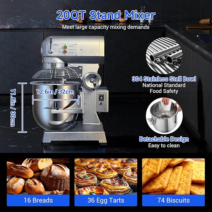20Qt Commercial Food Mixer with Timing Function,1100W Commercial mixer 3-Speed Adjustable Heavy Duty, Electric Stand Food Mixer with Stainless Steel Bowl for Bakery Pizzeria. (Standard)
