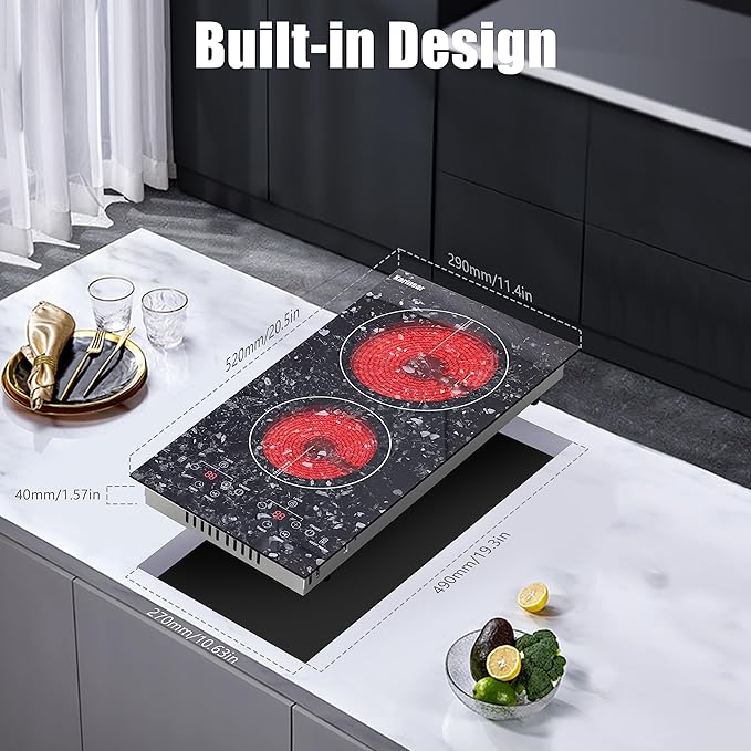 Karinear Portable Electric Cooktop 2 Burners, 110v Plug in Electric Stove Top, Countertop Use or Built-in Install, 12'' Ceramic Cooktop with Beautiful Marble Patterned