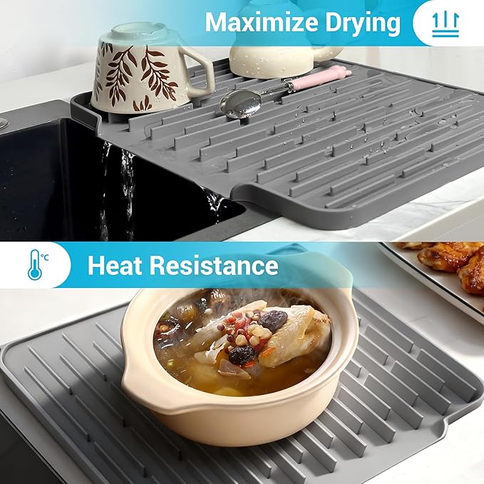 Silicone Dish Drying Mat for Kitchen Counter, Foldable & Heat Resistant Drying Pad with 5° Slope & Wide Drain, 15x12 Inch Non-slip Sink Mat for Bathroom and Countertop.(Dark Grey）