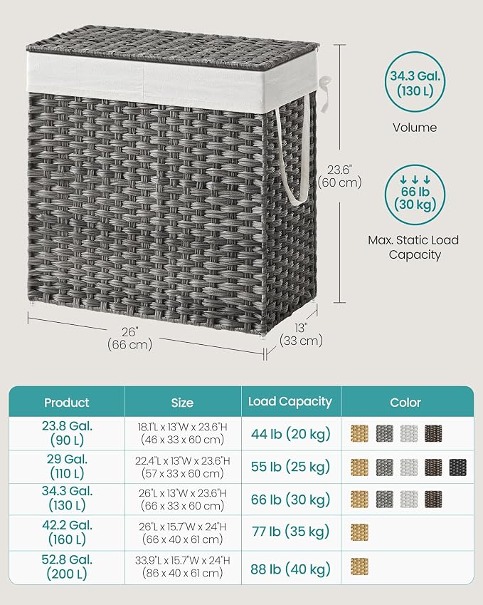 SONGMICS Laundry Hamper with Lid, 130L Double Wicker Basket, 6 Mesh Bags - Image 6