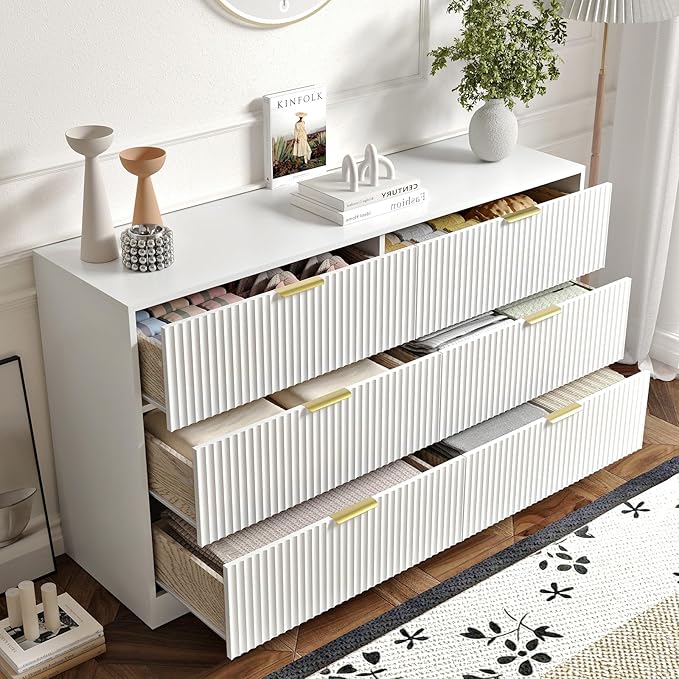 6 Drawers Fluted Dresser for Bedroom, 55" Wide Wooden Dresser with Deep Drawers, Large Floor Chest of Drawers, Modern Long TV Stand, Storage Cabinet Side Table, White