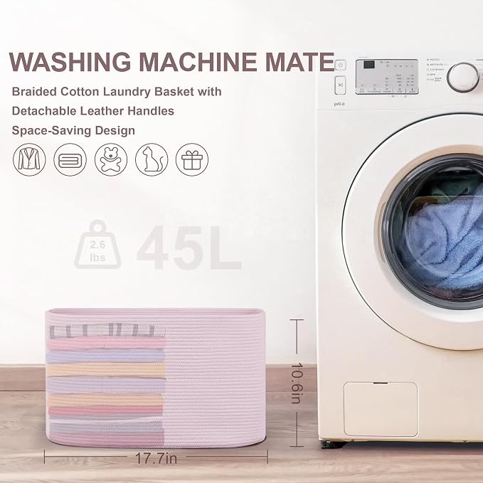45L Small Woven Laundry Basket Hamper - Image 6