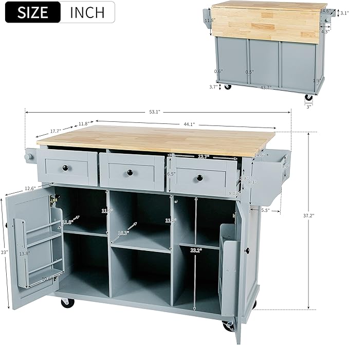 Rolling Mobile Kitchen Island Cart Breakfast Bar with Wood Top, Door Internal Storage Racks, 3 Drawers and 5 Wheels for Dining Room