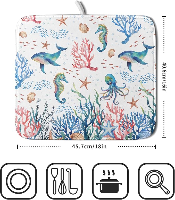 Giwawa Coastal Ocean Dish Drying Mat Seahorse Whales Drainer Rack Mats 16"x18" - Image 2
