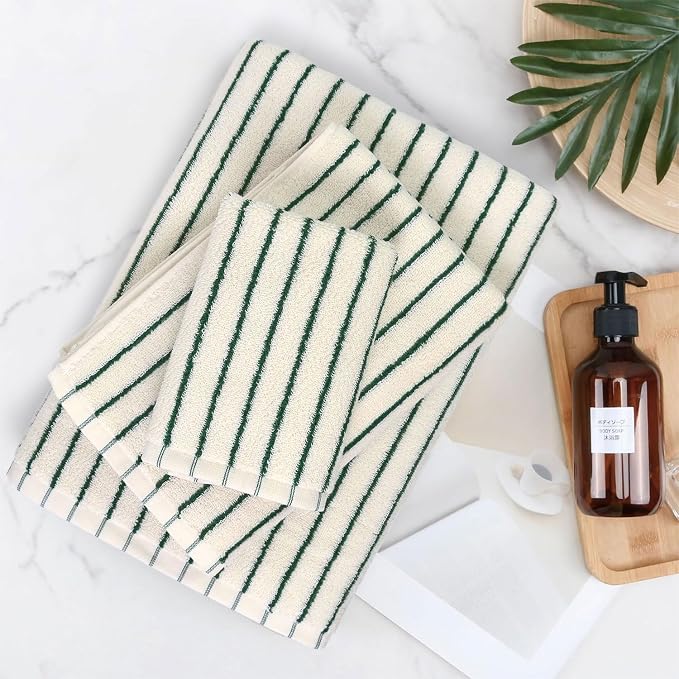 8 Piece Green Towel Set, Super Soft & Absorbent Cotton Striped Towels | - Image 3