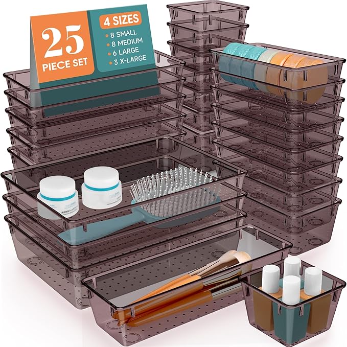 25 PCS Plastic Drawer Organizer Set, Makeup Organizers and Storage Bins | 4 by WOWBOX