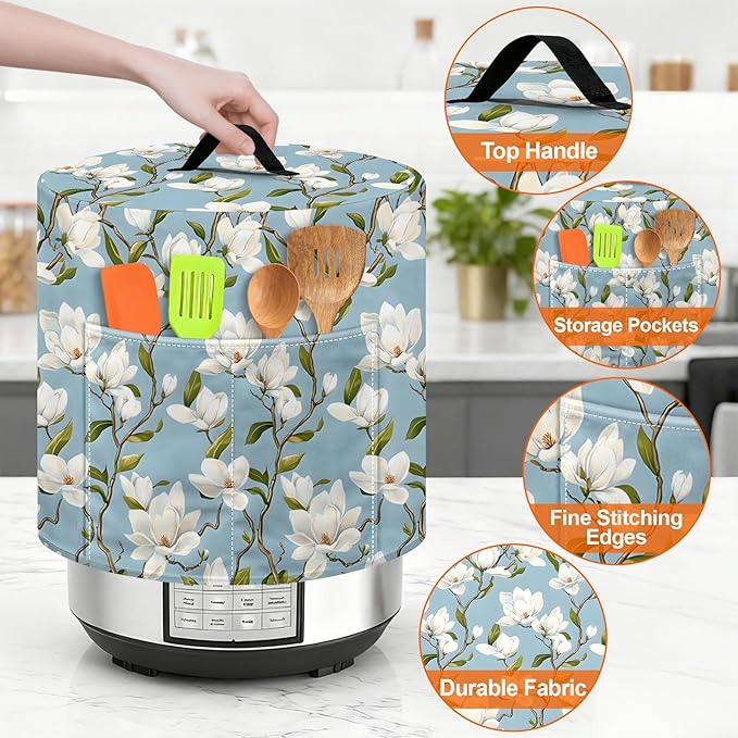 Kitchen Appliance Accessories Dust Cover for 3-6-8 Quart Instant Pot, Pressure Cooker, Air Fryer & Crock Pot,Decorative Appliance Cloth Cover with Top Handle & Storage Pockets (Light blue, 3 Quart)