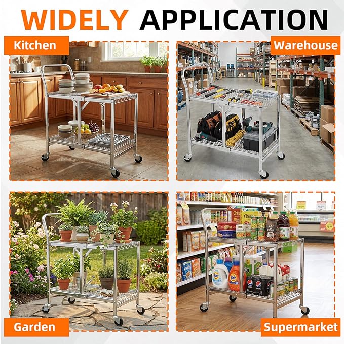 Collapsible 2 Shelf Wire Cart, Heavy Duty Collapsible Wire Rolling Utility Cart with Locking Brakes, 500lb Capacity, Folds Up for Storage, Chrome, 37.5" x 20.4" W x 36.2" H